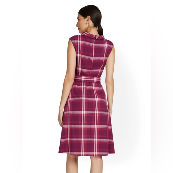 New York & Company Mock Neck Pink Plaid Flare Dress with Matching Belt Medium - Picture 3 of 7